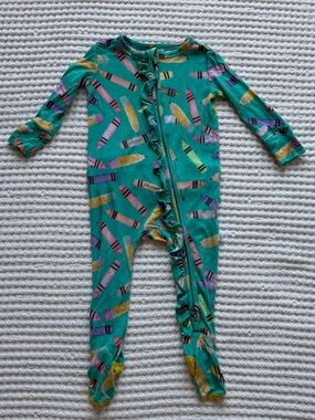 Posh Peanut Crayons Ruffle Zipper Footie Bamboo Teal Back to School Crayons 6-9M
